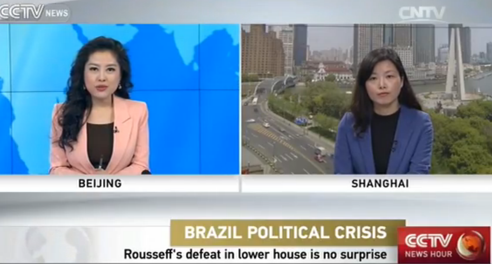 00新闻栏目"news hour"连线直播采访,就巴西众议院通过对现任总统迪尔